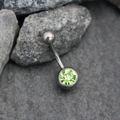 Crystal Belly Bar, Green Belly Button Ring Stud, Navel Jewelry, navel Piercing, Silver 316L Surgical Stainless Steel, 14 Gauge, 14G