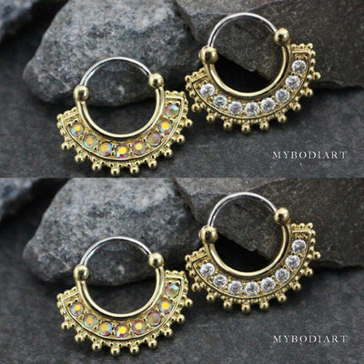 Cute Afghan Fan Crystal Gold Septum Clicker Daith Ring Earring Piercing Jewelry for Women - www.MyBodiArt