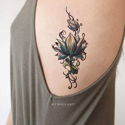 Lotus Rib Tattoo Ideas for Woman Tribal Boho Floral Flower Side Tat - tatuaje de costilla de loto - www.MyBodiArt.com