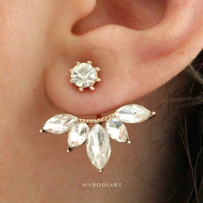 Cute Crystal Leaf Flower Ear Jacket Earring in Rose Gold, Gold Silver Womens Fashion Jewelry - indos aretes para mujer - www.MyBodiArt.com