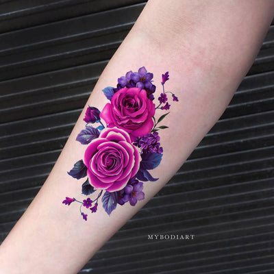 Beautiful Purple Floral Flower Forearm Temporary Tattoo Ideas for Women -  lindas flores púrpuras tatuaje temporal ideas - www.MyBodiArt.com