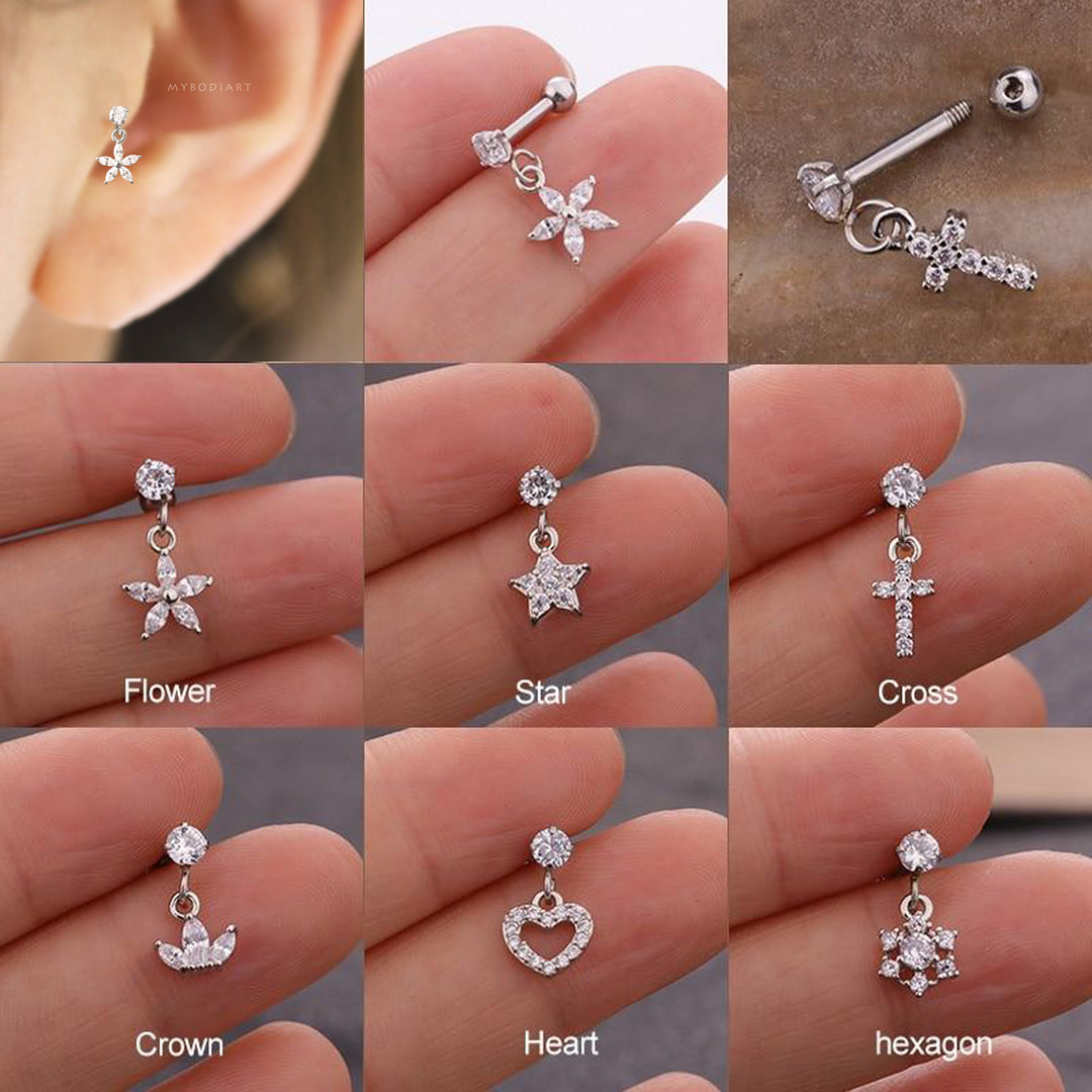 Lily Crystal Flower Star Cross Heart Dangle Ear Piercing Stud in