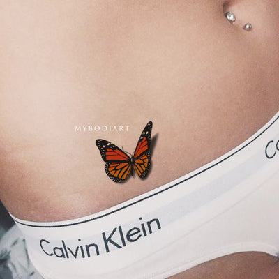 Small Watercolor 3D Monarch Butterfly Temporary Hip Tattoo Ideas for Women -  Ideas de tatuaje de mariposa pequeña cadera para mujeres - www.MyBodiArt.com