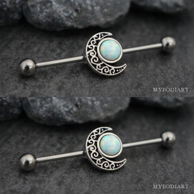 Opal Moon Industrial Ear Piercing Jewelry Scaffold Barbell Earring -  ideas de piercing de oreja para las mujeres - www.MyBodiArt.com