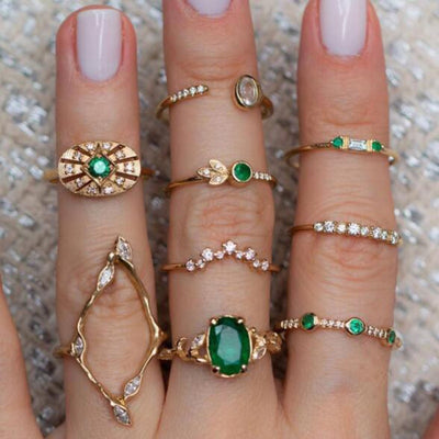 Cute Gold Stackable Midi Boho Green Emerald Crystal Ring Set Fashion Jewelry for Teen Girls for Women - www.MyBodiArt.com #rings