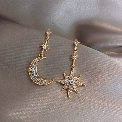 Moon & Star Dangle Gold Statement Earrings Studs - www.MyBodiArt.com #earrings
