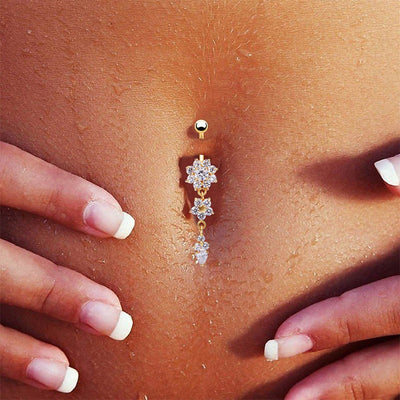 Cute Crystal Flower Dangle Belly Button Rings Body Jewelry - www.MyBodiArt.com 