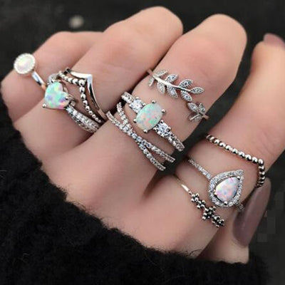 Cute Opal Silver Stackable Midi Modern Leaf Ring Set Fashion Jewelry for Teen Girls for Women - www.MyBodiArt.com #rings