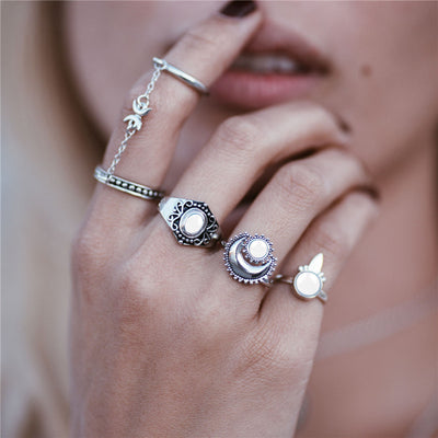 Boho Fashion Rings Set Opal Teen Moon Double Finger Chain Midi Ring in Silver or Gold at MyBodiArt.com