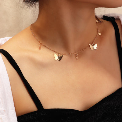 Cute Dainty Gold Floating Star Butterfly Chain Choker Necklace - www.MyBodiArt.com #necklace