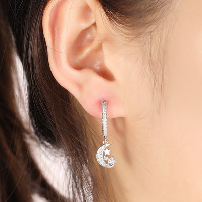 Cute Moon and Stars Crystal Huggie Hoop Earrings Fashion Jewelry for Women - www.MyBodiArt.com 