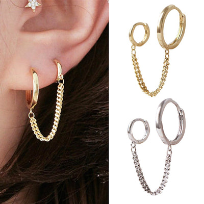 Cute Multiple Ear Piercing Double Chain Hoop Earlobe Earring  - www.MyBodiArt.com #earrings