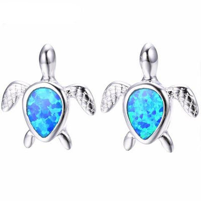 Turtle Earring Studs in Silver with Blue Opal - www.MyBodiArt.com
