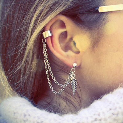 Cute Ear Piercing Ideas Ivy Ear Cuff Chain Leaf Earrings at MyBodiArt.com