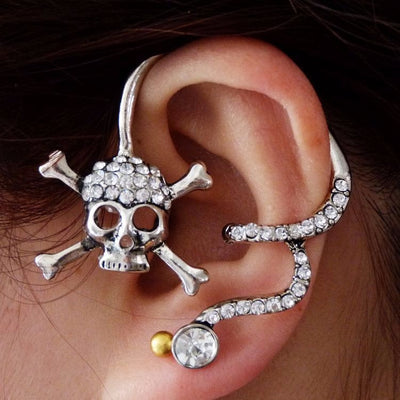 Cool and Unique Ear Piercing Ideas - Captain Patch Crystal Pirate Skull Ear Cuff Earring in Silver at MyBodiArt.com