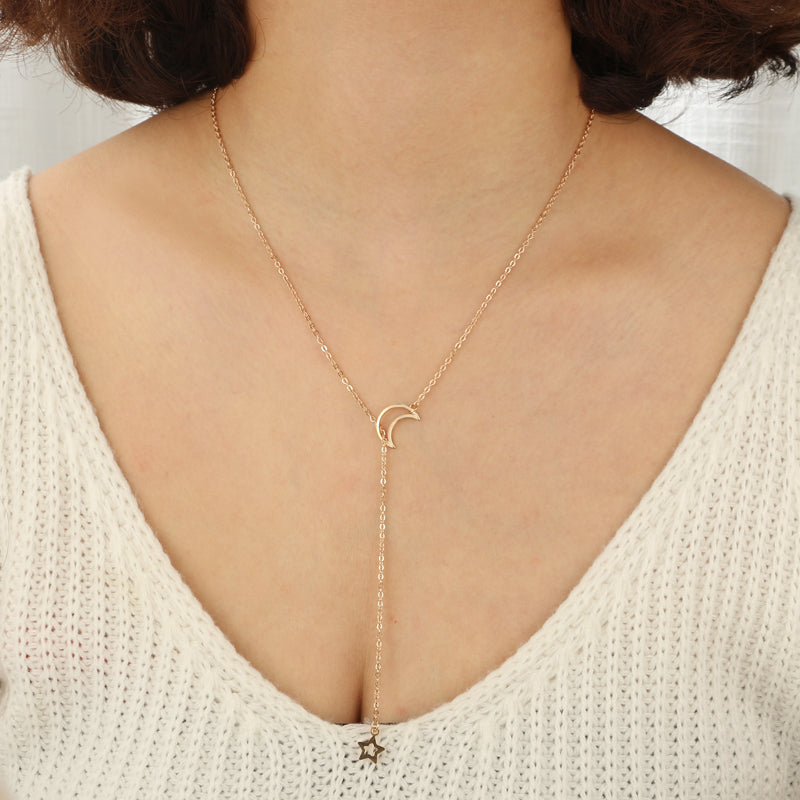 Kiyana Minimal Moon Star Lariat Necklace in Silver or Gold