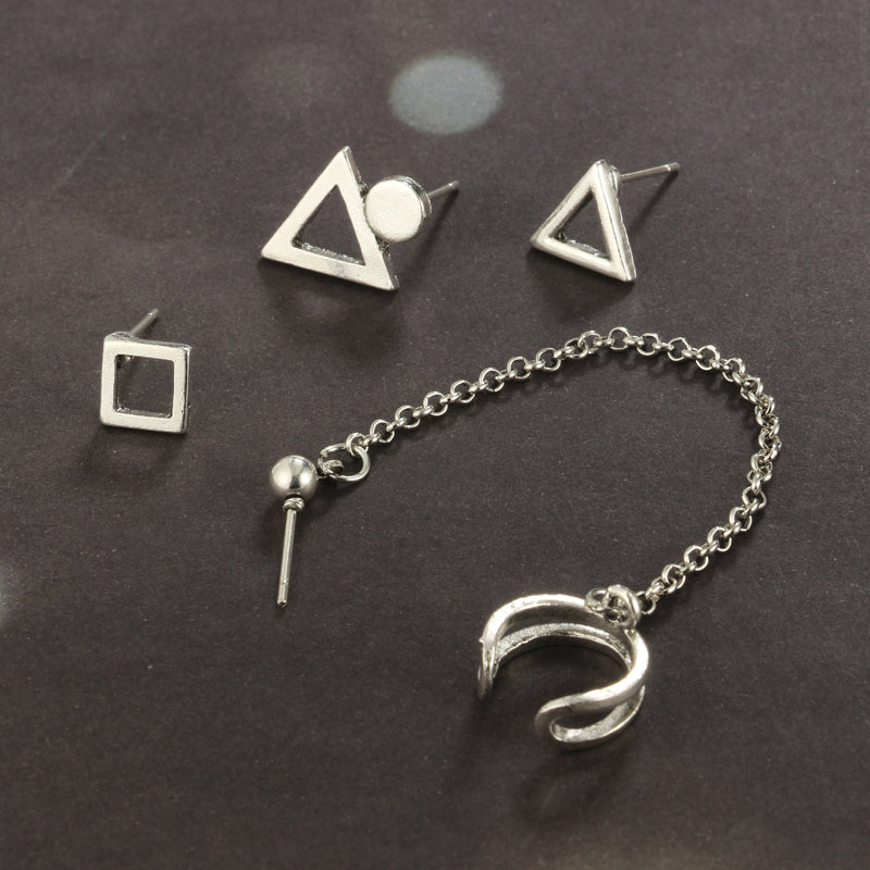 Cosmina Geometric Earring Set Ear Cuff Chain 4pcs in Silver