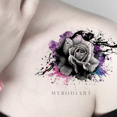 Cool Watercolor Splat Black Rose Tattoo on Shoulder - Traditional Vintage Floral Flower Arm Tat Ideas for Women - ideas frescas del tatuaje del hombro de la rosa negra de la acuarela - www.MyBodiArt.com #tattoos