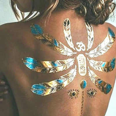 Gold Metallic Feather Tribal Boho Flash Back Temporary Tattoo for Women - www.MyBodiArt.com
