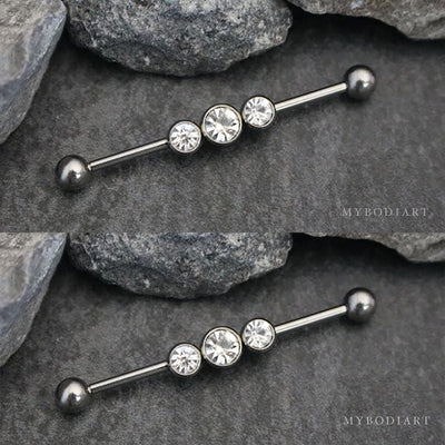 Cute Triple Crystal Industrial Ear Piercing Jewelry Barbell Earring Cartilage - www.MyBodiArt.com