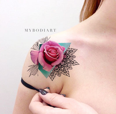 Unique Watercolor Pink Rose Tattoo Ideas on Shoulder - Traditional Geometric Mandala Triangle Tat for Women - ideas de acuarela Rosa Rosa tatuaje en el hombro para las mujeres - www.MyBodiArt.com #tattoos