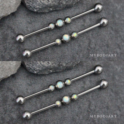 Cool Triple Opal Industrial Barbell Piercing Jewelry Scaffold Earring Surgical Stainless Steel - www.MyBodiArt.com