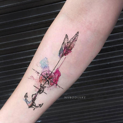 Unique Watercolor Anchor Feather Compass Forearm Tattoo Ideas for Women -  Ideas hermosas del tatuaje de la pluma para las mujeres - www.MyBodiArt.com #tattoos