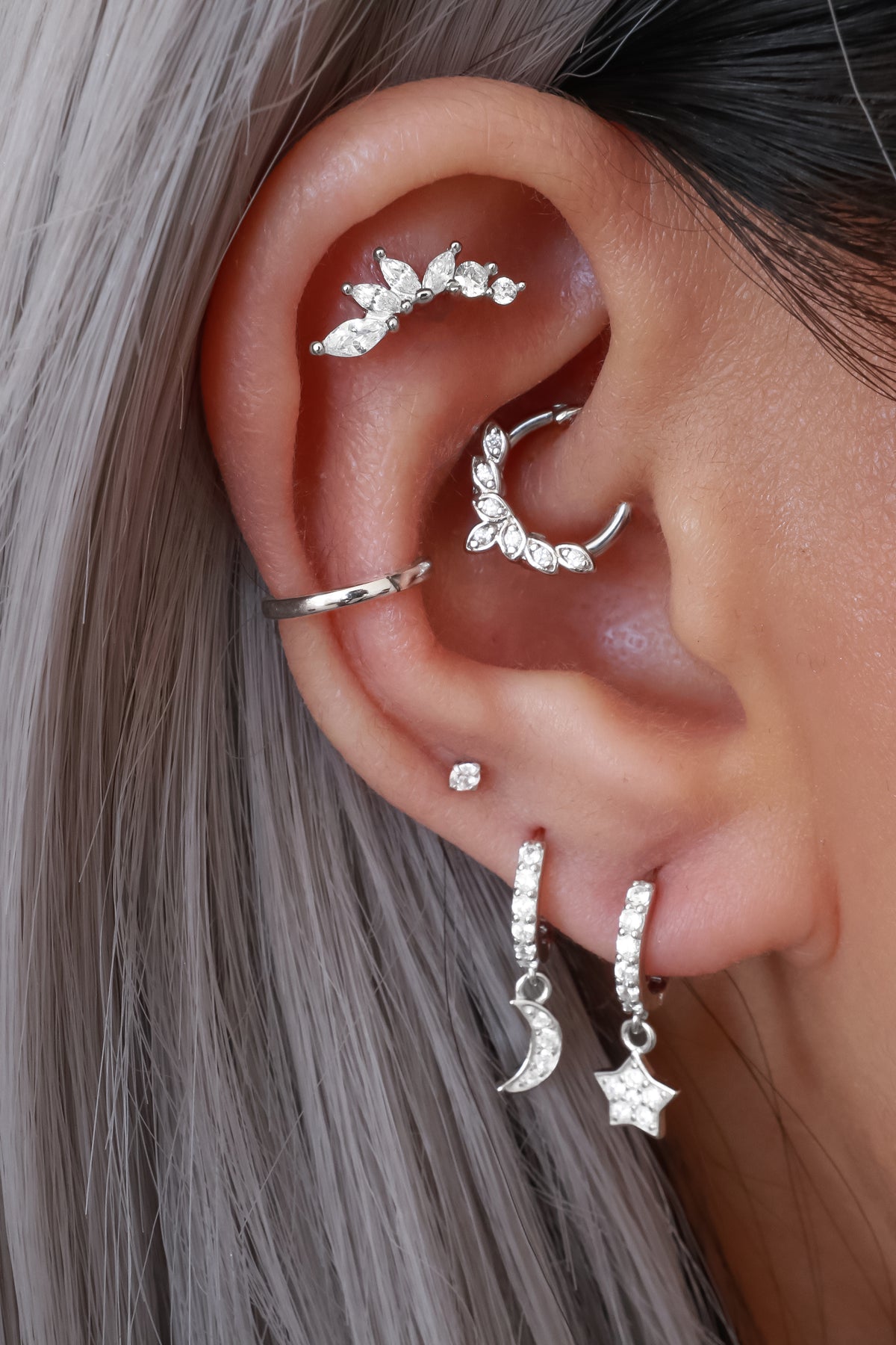 Wish Cute Dainty Crystal Star & Moon Half Hoop Earrings – MyBodiArt