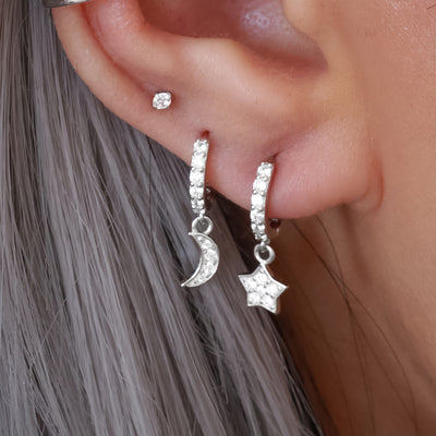 Cute Moon and Star Huggie Hoop Earrings Ear Piercing Jewelry - www.MyBodiArt.com